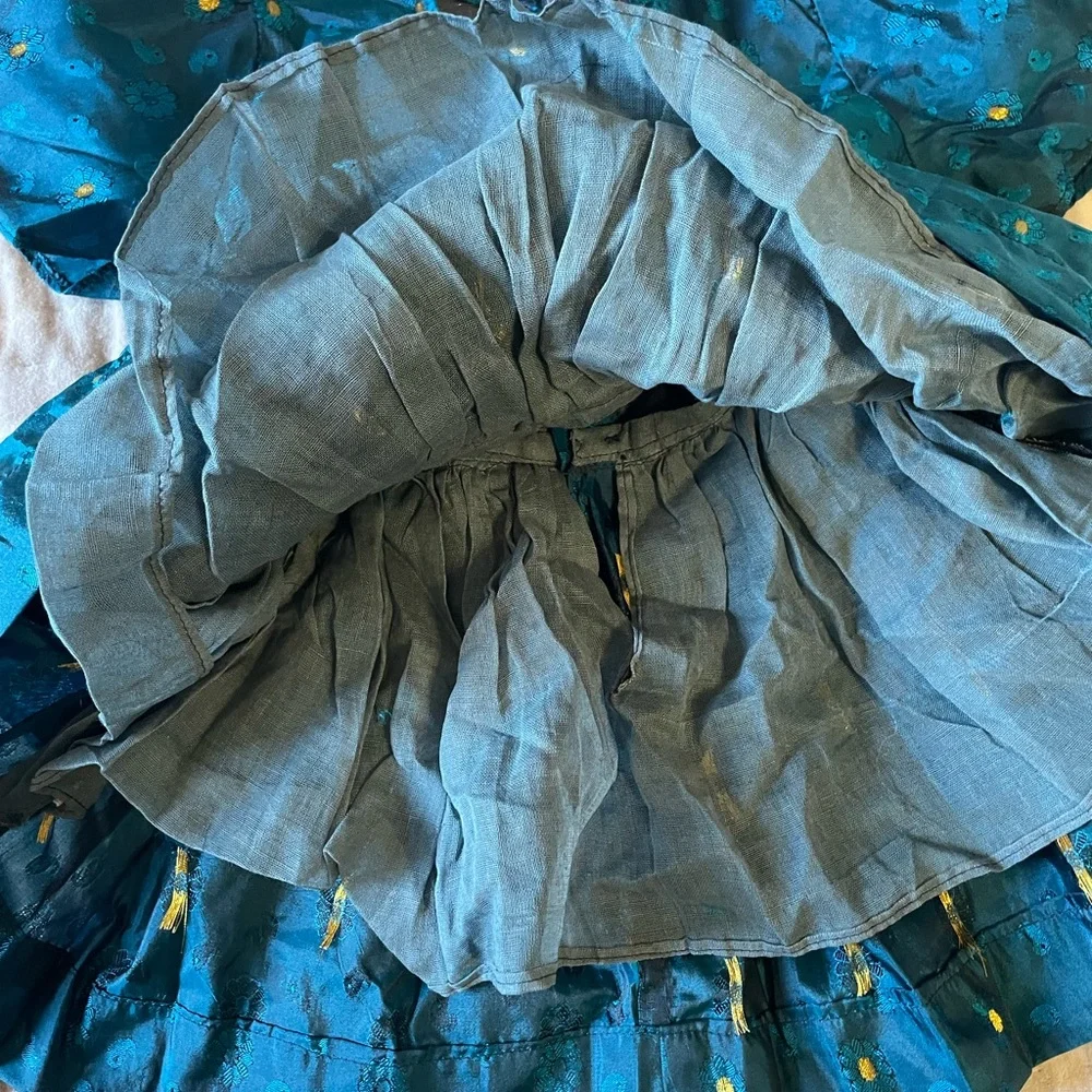 Girls Sweet Teal Gold Embroidered Silky Paisley Ruffled Tea Party Dress Frock